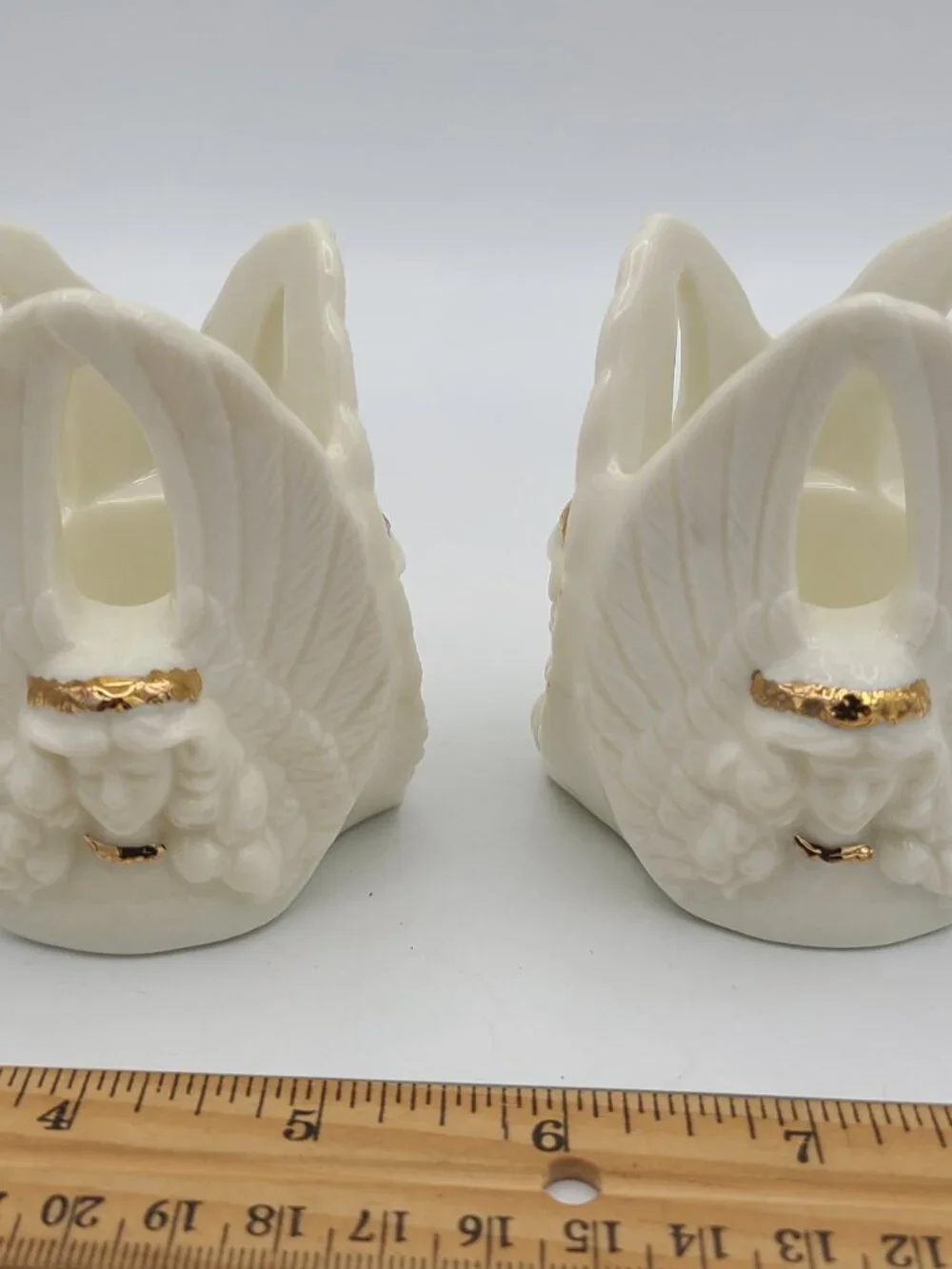 Pair of Porcelain Angels Trio Candlestick Holder Gold Accents Taiwan R.O.C.